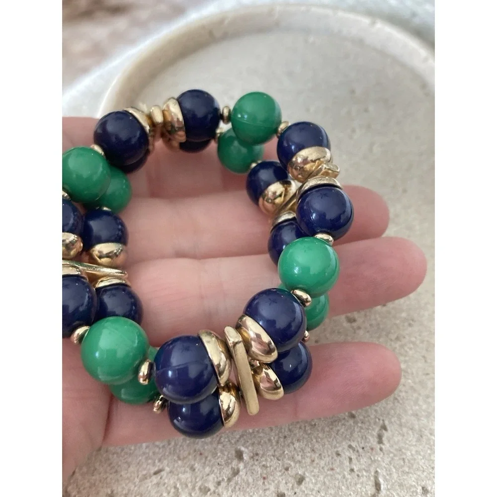 Chunky Beaded Stretch Bracelet Blue Green Gold Tone Preppy Statement Nautical‎